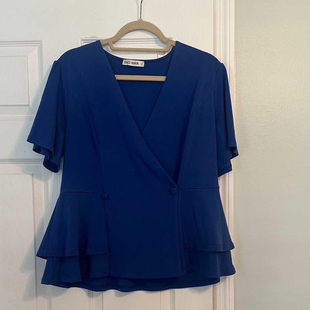 Grace Karin Royal Blue Wrap Blouse with Ruffle Hem